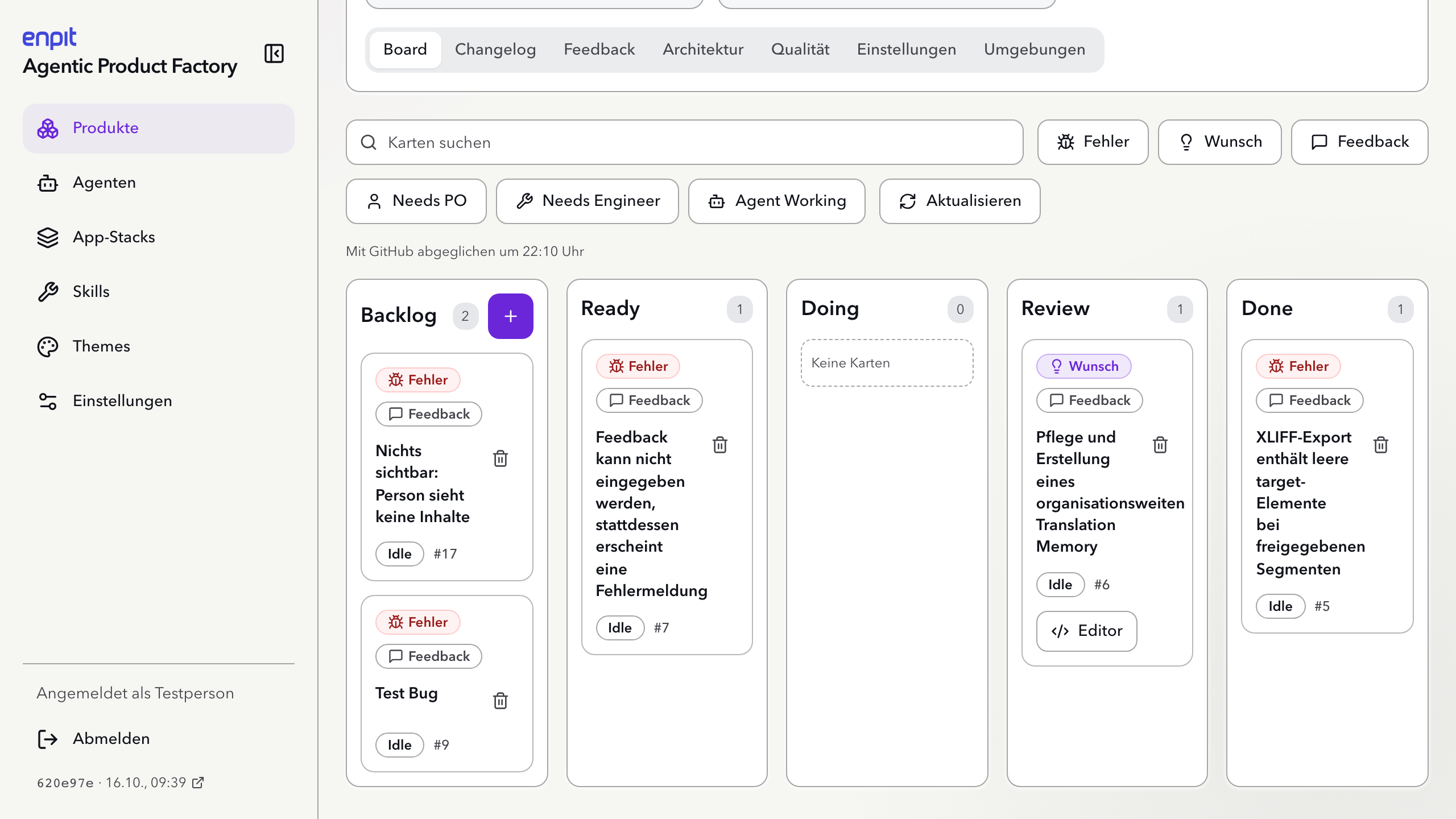 Board der Agentic Product Factory für das Produkt Glotta mit den Lanes Backlog, Ready, Doing, Review und Done, Filtern für Fehler, Wunsch und Feedback sowie Rollenfiltern Needs PO, Needs Engineer und Agent Working.