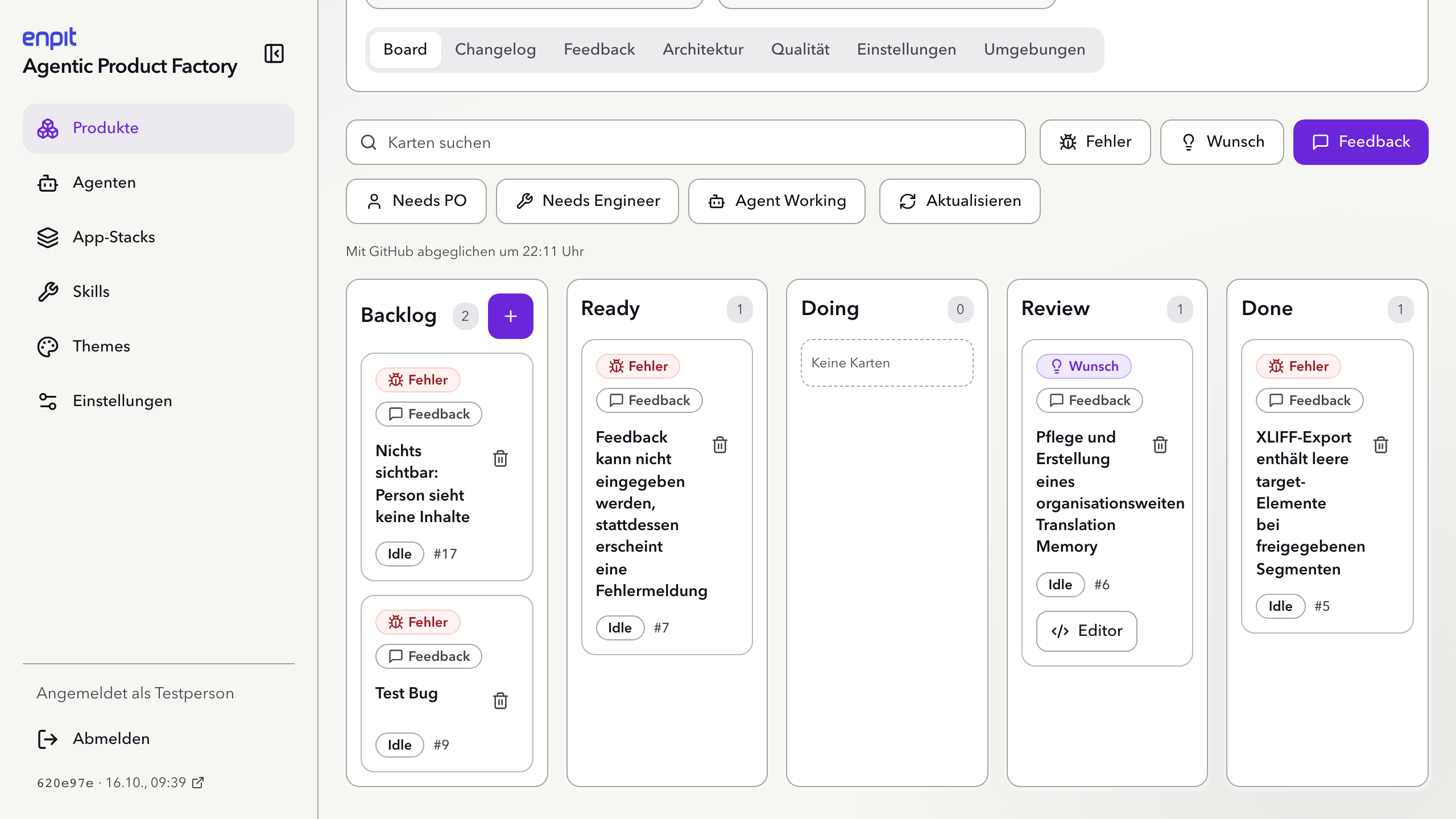 Kanban-Board mit aktivem Filter Feedback: nur Karten, die aus Feedback der App entstanden sind, verteilt auf Backlog, Ready, Review und Done.