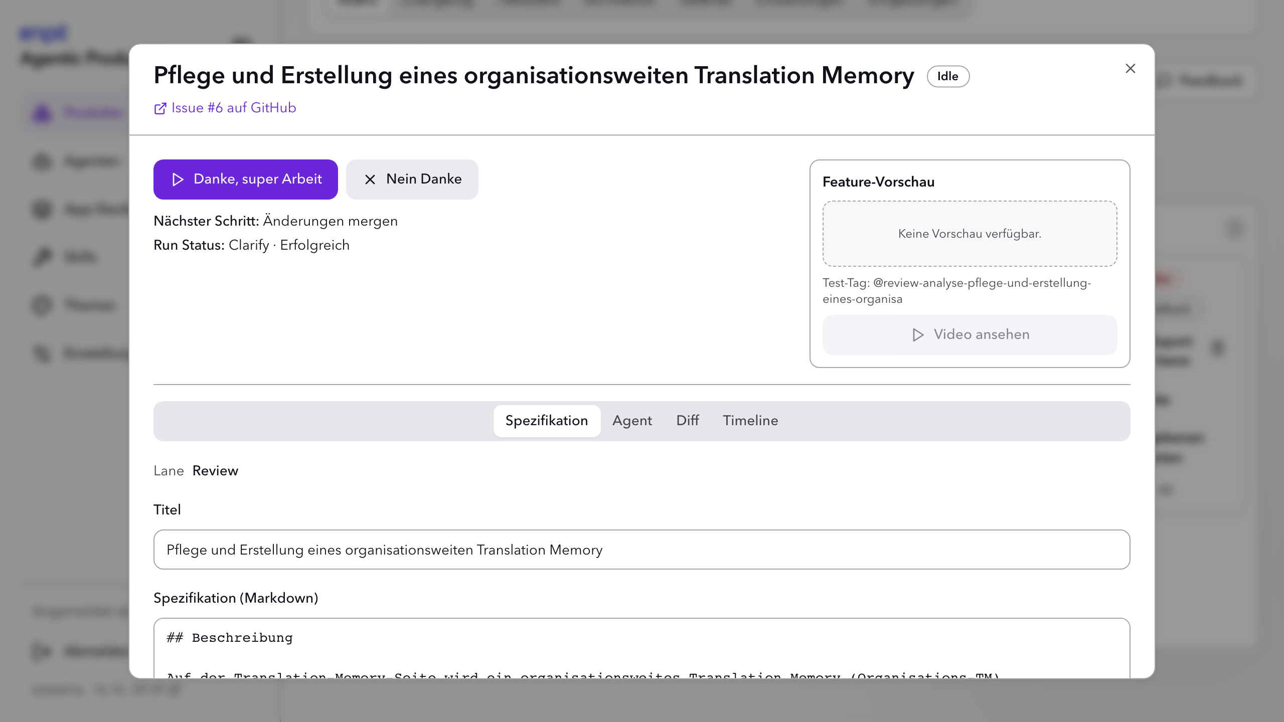Kartendialog in der Lane Review mit den Knöpfen Danke, super Arbeit und Nein Danke, dem nächsten Schritt Änderungen mergen, der Feature-Vorschau und den Reitern Spezifikation, Agent, Diff und Timeline.
