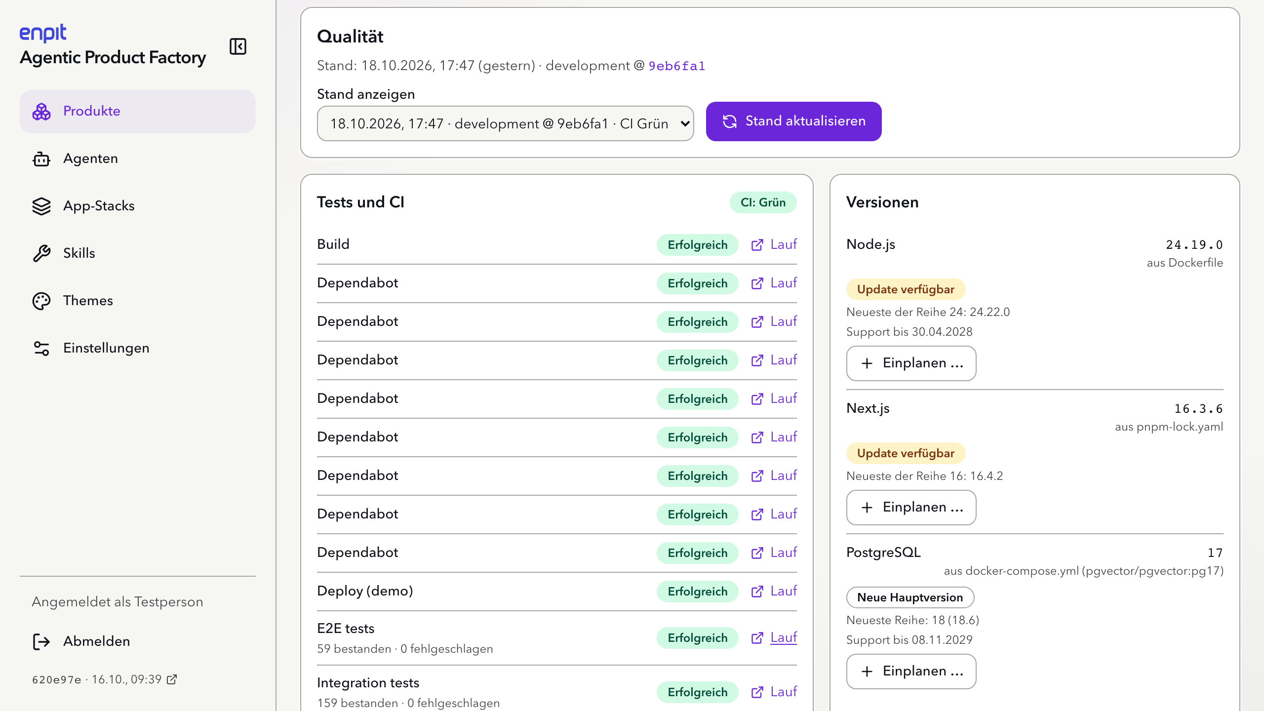 Reiter Qualität mit Tests und CI, alle Jobs erfolgreich mit Testzahlen, sowie Versionen von Node.js, Next.js und PostgreSQL mit Hinweisen Update verfügbar und Neue Hauptversion.