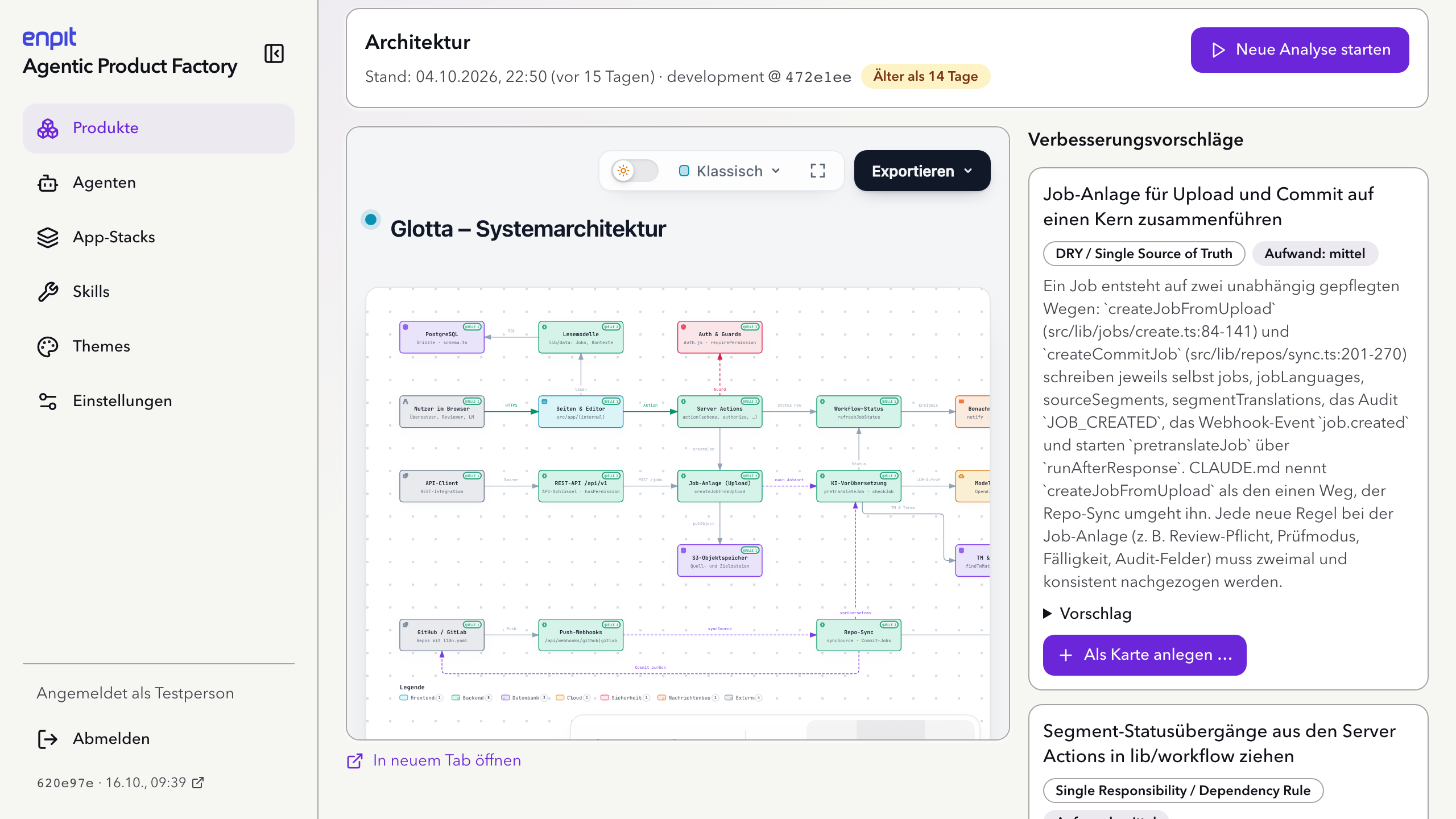 Reiter Architektur mit Systemdiagramm von Glotta und Verbesserungsvorschlägen mit dem Knopf Als Karte anlegen.