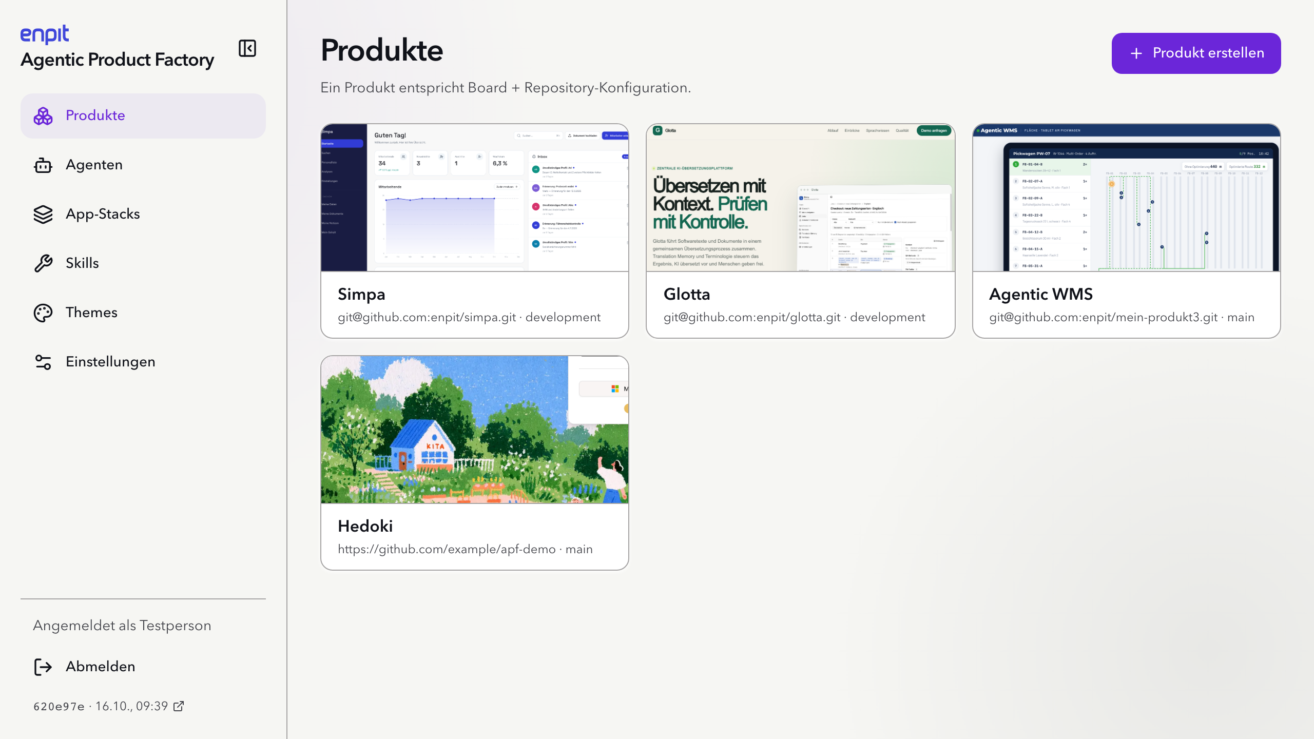 Produktübersicht mit mehreren Produkten, jeweils mit Vorschaubild, Repository und Branch.