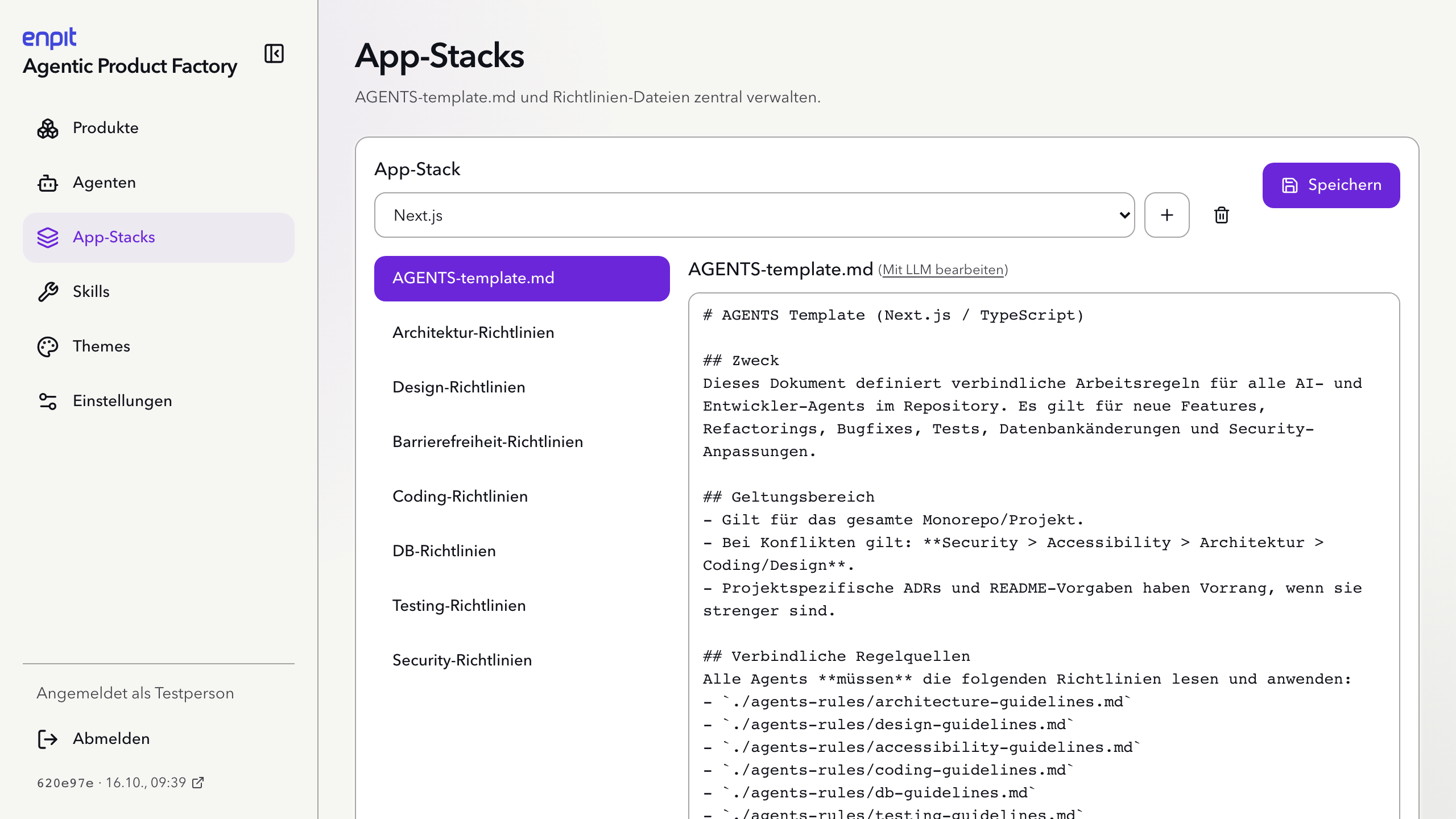 App-Stack Next.js mit AGENTS-Vorlage und Richtlinien für Architektur, Design, Barrierefreiheit, Coding, Datenbank, Testing und Security.
