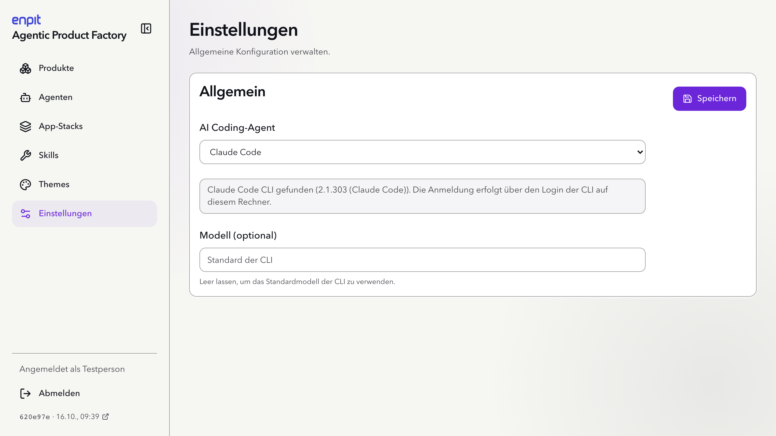 Einstellungen mit Auswahl des Coding-Agents Claude Code und optionalem Modell.
